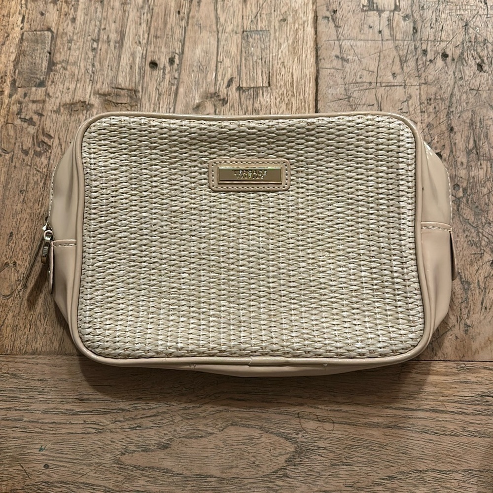 Versace Parfums Cosmetic Bag | Woven Jute Travel Pouch | NWOT Neutral Gold